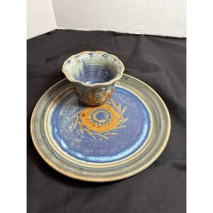 Handmade Studio Pottery Chip and Dip Serving Set Blue‎ Orange Stoneware